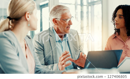Investment ideas, boss and colleagues with laptop, discussion or team with tech for business growth. Collaboration, CEO and people with plans for opportunity, meeting and conversation in boardroom 127406805
