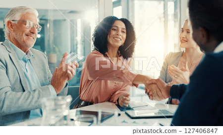 Shaking hands, clapping and business people in office for meeting with finance deal or partnership. Agreement, applause and financial advisors with handshake for congratulations on investment goal. 127406847