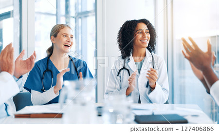 Doctor, people and team with applause, meeting and support with goals, results and celebration. Women, group and medical staff with success, praise or achievement in career with cheer at hospital Doctor, people and team with applause, meeting and support with goals, results and celebration. Women, group and medical staff with success, praise or achievement in career with cheer at hospital 127406866