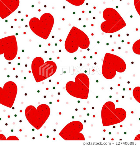 Watermelon slice cut in form of heart, polka dot seamless pattern, sweet ripe delicious fruit organic diet ingredient for dessert, healthy vegan food image for summer design, projects, package decor Watermelon slice cut in form of heart, polka dot seamless pattern, sweet ripe delicious fruit organic diet ingredient for dessert, healthy vegan food image for summer design, projects, package decor 127406893