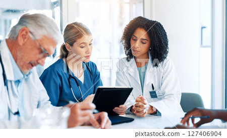 Tablet, meeting and team of doctors in hospital boardroom with medical report for treatment planning. Digital technology, research and group of healthcare workers with surgery schedule in clinic. 127406904