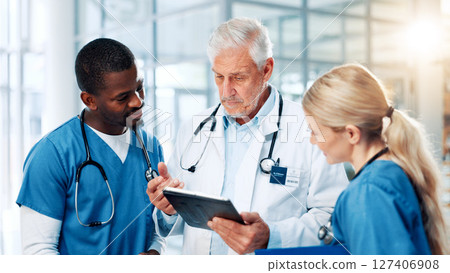Medical, tablet or training with doctors and nurses in hospital together for discussion or report. Collaboration, healthcare and mentor with professional medicine team in clinic for diagnosis review 127406908