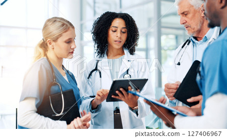 Medical, report or tablet with doctors and nurses in hospital together for discussion or feedback. Conversation, healthcare and insurance with professional medicine team in clinic for collaboration 127406967