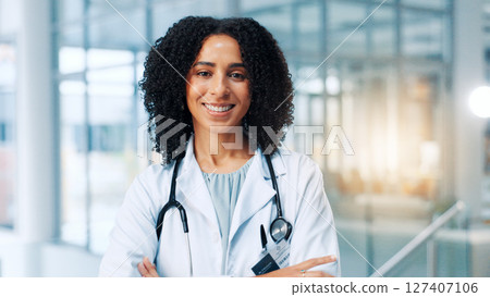 Doctor, woman and smile with arms crossed in portrait, hallway and pride for healthcare services at clinic. Person, medical professional and happy with confidence, career and hospital in Costa Rica Doctor, woman and smile with arms crossed in portrait, hallway and pride for healthcare services at clinic. Person, medical professional and happy with confidence, career and hospital in Costa Rica 127407106