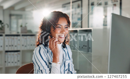 Computer, smile and woman with headset in call center for help or online assistance. Communication, contact us and customer service with employee for feedback or support as office virtual assistant 127407255