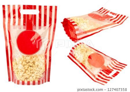 popcorn on white background bag plastic 127407358
