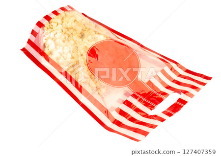 popcorn on white background bag plastic 127407359