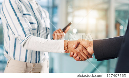 Shaking hands, partnership and business people in office with deal, negotiation or contract. Collaboration, closeup and financial manager with client for agreement, welcome or thank you handshake. 127407365