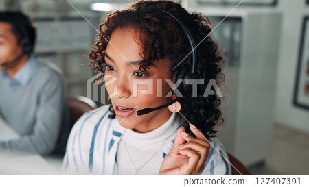 Microphone, talking and call center with business woman for virtual consultant, help desk and crm. Customer support, online advisor and contact us with person in office for communication and agent Microphone, talking and call center with business woman for virtual consultant, help desk and crm. Customer support, online advisor and contact us with person in office for communication and agent 127407391
