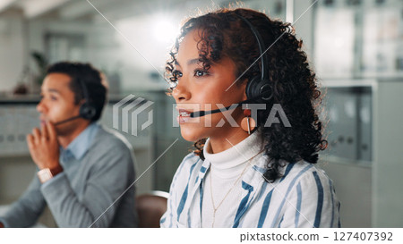 Microphone, agent and call center with business woman for virtual consultant, help desk and crm. Customer support, online advisor and contact us with person in office for communication and talking 127407392