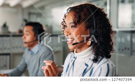 Microphone, happy and call center with business woman for virtual consultant, help desk and crm. Customer support, online advisor and contact us with person in office for communication and agent Microphone, happy and call center with business woman for virtual consultant, help desk and crm. Customer support, online advisor and contact us with person in office for communication and agent 127407394