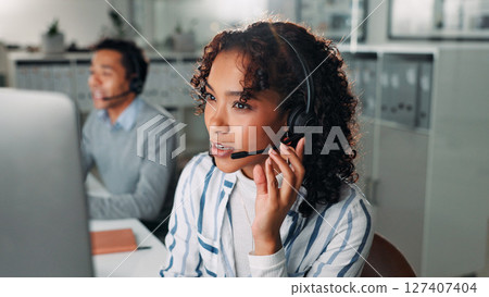 Microphone, computer and call center with business woman for virtual consultation, help desk and crm. Customer support, online advisor and contact us with person in office for communication and agent 127407404