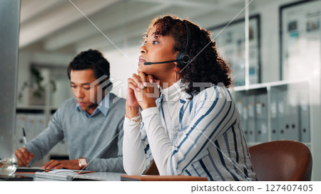 Reading, computer and call center with business woman for virtual consultation, help desk and crm. Customer support, online advisor and contact us with person in office for communication and agent Reading, computer and call center with business woman for virtual consultation, help desk and crm. Customer support, online advisor and contact us with person in office for communication and agent 127407405