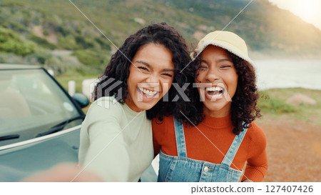 Smile, selfie and women with friends, funny and memory with reunion, profile picture and journey. Silly, outdoor or girls with holiday, expression or travel with photography, bonding together or Bali 127407426