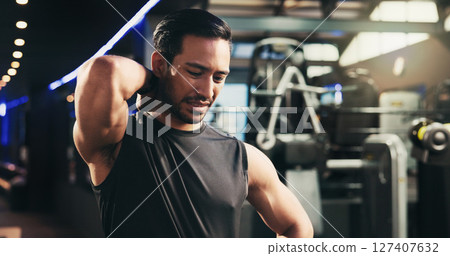 Man, neck pain and stress at gym for training, break or burnout with spine injury at fitness center. Person, muscle fatigue or ache with frustrated, workout and exercise with strain at wellness class 127407632