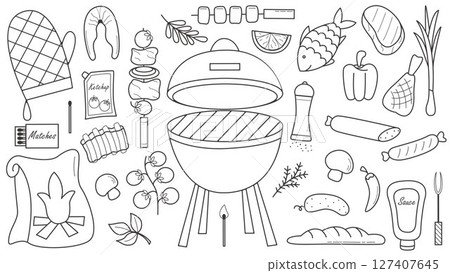 Set of Sunday summer picnic doodle sketch style 127407645