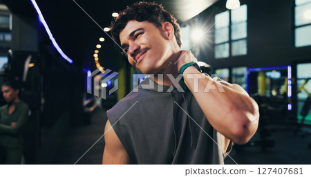 Neck pain, stress and man in gym, fitness and training with inflammation, burnout or hurt. Person, bodybuilder or athlete in wellness center, muscle tension or injury with bad posture or fibromyalgia Neck pain, stress and man in gym, fitness and training with inflammation, burnout or hurt. Person, bodybuilder or athlete in wellness center, muscle tension or injury with bad posture or fibromyalgia 127407681