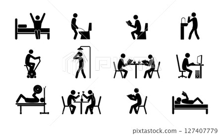 Set of stick figures, daily routine by actions, vector illustration. Set of stick figures, daily routine by actions, vector illustration. 127407779
