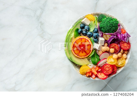 Buddha Bowl. Rainbow salad. Vegan poke bowl with avocado. Healthy food 127408204