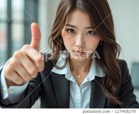 A female leader in a suit giving a good sign with her fingers A female leader in a suit giving a good sign with her fingers 127408270