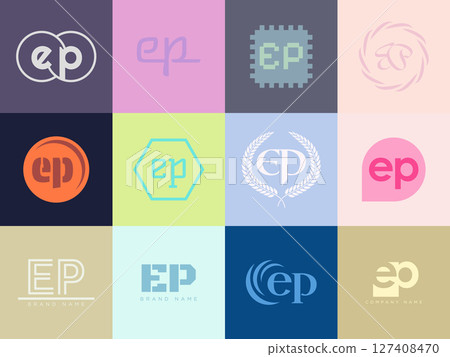 EP logo company template. Letter e and p logotype. Set different classic serif lettering and modern bold text with design elements. Initial font typography. EP logo company template. Letter e and p logotype. Set different classic serif lettering and modern bold text with design elements. Initial font typography. 127408470