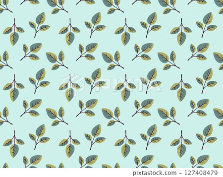 Charming seamless pattern featuring stylized leaves on a pastel blue background.  Perfect for textile design, wallpaper, or website backgrounds. Evokes feelings of serenity and nature. 127408479