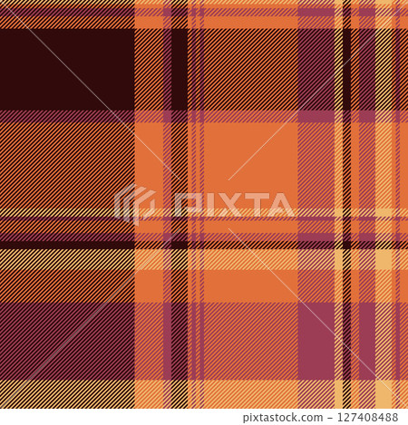 Warm autumnal plaid pattern in rich oranges, browns, and burgundy.  Perfect for fallthemed designs, textiles, or website backgrounds. Evokes feelings of comfort and warmth. 127408488