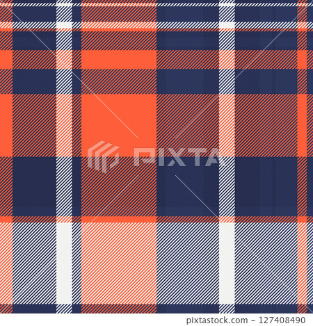 Vibrant orange, navy, and white plaid pattern.  Perfect for textile design, fashion, home decor, or website backgrounds.  This seamless texture offers a bold, classic style with a modern feel. 127408490