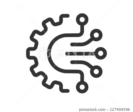 Gear meets tech. Simple line icon symbolizing automation, artificial intelligence, machine learning, or digital transformation. Useful for websites, apps, presentations. 127408596