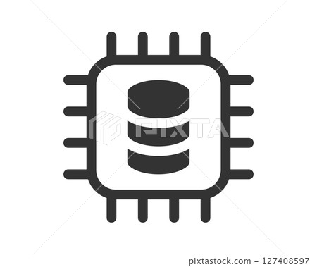 Minimalist icon depicting a computer chip housing a database. Represents data storage, processing, and server technology. Ideal for tech, IT, or web design projects. 127408597