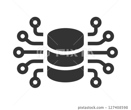 Clean, modern icon of a data server connected to a network. Ideal for illustrating cloud computing, data management, or cybersecurity concepts in web design, presentations, and infographics. 127408598