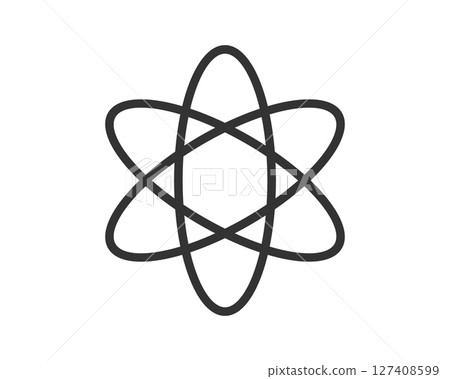 Minimalist atom symbol in black on white. Represents science, technology, or innovation. Ideal for education, research, or cuttingedge concepts design. 127408599