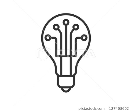 Minimalist line art of a light bulb containing circuit pathways. Represents innovation, technology, AI, or future concepts. Clean graphic style ideal for web or print. 127408602
