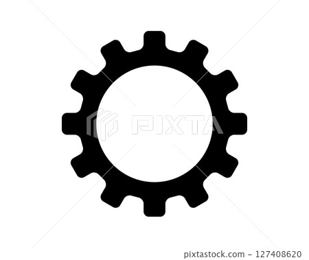 Simple, bold black gear icon on white. Symbolizes engineering, mechanics, process,  automation. Perfect for technology, business  design concepts. 127408620