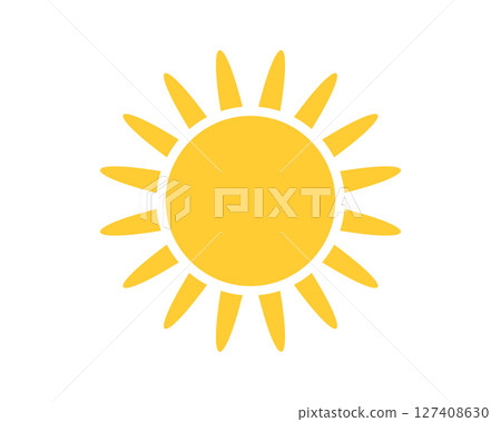 A bright, cheerful yellow sun icon with radiating rays on a clean white background. A symbol of warmth, happiness, and positive energy. A bright, cheerful yellow sun icon with radiating rays on a clean white background. A symbol of warmth, happiness, and positive energy. 127408630