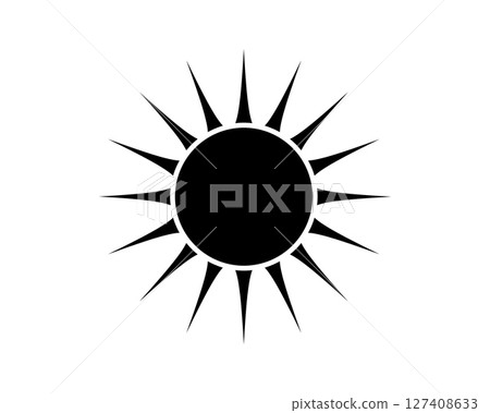 Bold, minimalist sun illustration. Sharp, pointed rays emanate from a solid black circle. Symbolizes energy, heat, and summer. Perfect for design projects. 127408633