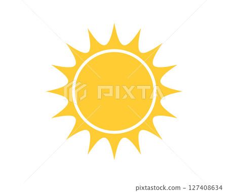 A simple, bright yellow sun icon on a white background. Represents warmth, energy, summer, and happiness. Versatile for weather forecasts, travel, and positive themes. 127408634