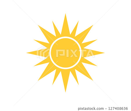 Bright, minimalist sun illustration. Symbol of summer, energy, and positivity. Use for weather forecasts, travel blogs, and childrens books. Vector format. 127408636