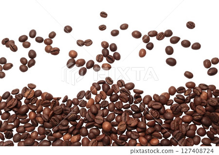 Falling coffee beans isolated on white background with clipping path Falling coffee beans isolated on white background with clipping path 127408724