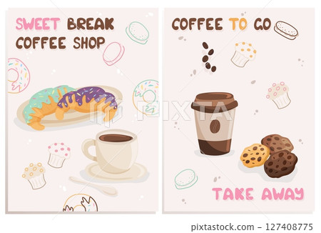 Coffee shop brochure with sweets and beverages 127408775