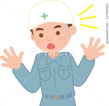 A person wearing a helmet and work clothes with a surprised expression_upper body A person wearing a helmet and work clothes with a surprised expression_upper body 127408905