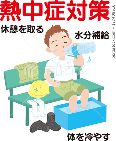 預防中暑_如何休息_男子一邊喝瓶裝水一邊幫腳降溫_附文字 127408916