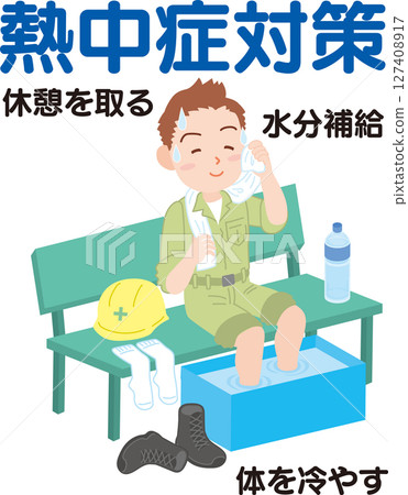 預防中暑_如何休息_穿著工作服的男人一邊擦汗一邊給腳降溫_帶文字 預防中暑_如何休息_穿著工作服的男人一邊擦汗一邊給腳降溫_帶文字 127408917