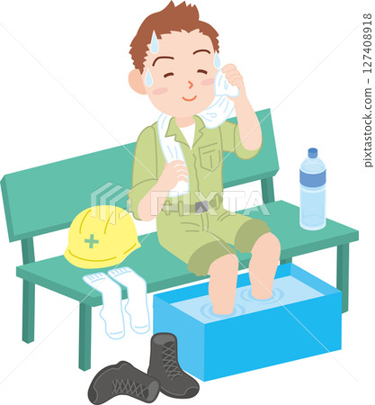 預防中暑_如何休息_穿著工作服的男人一邊擦汗一邊給腳降溫的插圖 127408918
