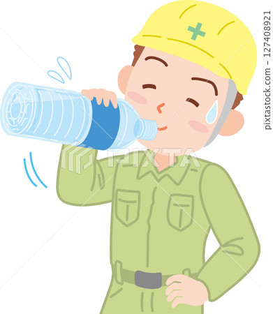 Hydration_A man in work clothes drinking water from a plastic bottle 127408921