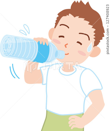 Hydration_A man in short sleeves drinking water from a plastic bottle 127408923