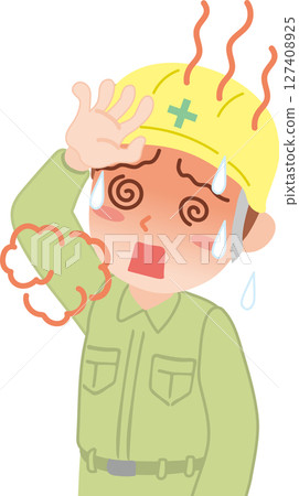 中暑_一名戴著安全帽、穿著工作服的男子_中暑插圖 中暑_一名戴著安全帽、穿著工作服的男子_中暑插圖 127408925