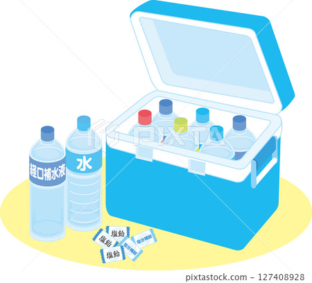 預防中暑_冷藏盒裡的飲料_鹽糖_水_口服補液鹽_橢圓形背景 127408928