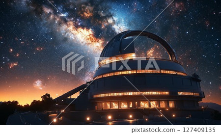 Observatory dome illuminated under starry Milky Way sky at night. Concept of astronomy and space exploration 127409135
