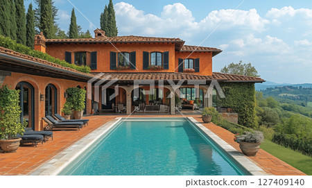 Picturesque Italian villa with terracotta roof tiles, arched windows, and a swimming pool overlooking a lush, mountainous landscape. 127409140